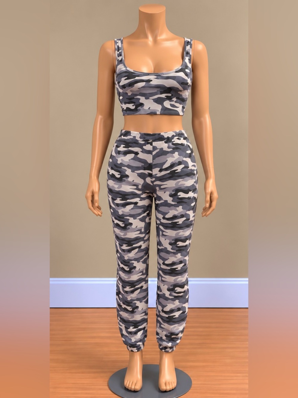 Fashion Nova Gray Camo Crop Top Jogger Pants 2 Piece Set XS